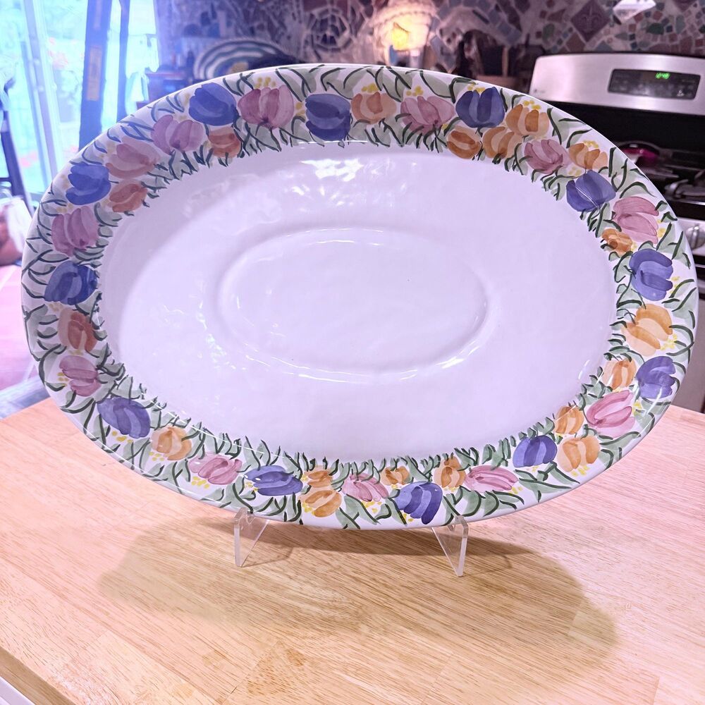 Vintage Mexican Hand-Painted Terracotta Serving Platter – Floral Border, Artisan